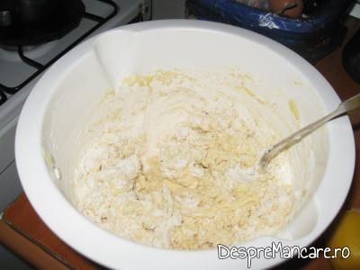 Faina se adauga treptat in amestecul de oua, branza dulce, iaurt pentru gogosele.