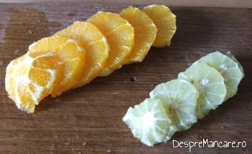 Citrice curatate de coaja si de albeata amara, feliate, pentru gasca cu portocale.
