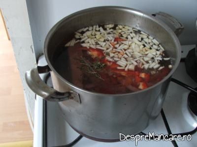 Ceapa si legume adaugate in apa cu carne fiarta pentru ciorba din scarita de porc afumata.