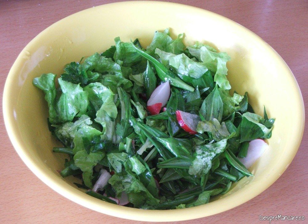 Salata de leurda, salta verde, ridichi de luna si ceapa verde pentru omleta cu ficat de gasca.