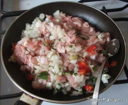 Calire legume, carne tocata si orez pentru paste cannelloni umplute cu carne tocata de curcan.