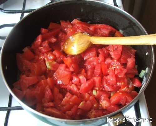 Pregatire sos de rosii pentru paste cannelloni umplute cu carne tocata de curcan.