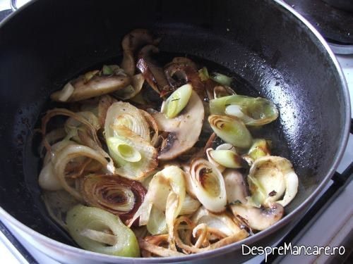 Calire praz si ciuperci pentru sos la somon la cuptor cu sos de praz si smantana.