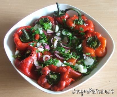 Salata de ardei copti pentru pulpa de porc macerata si legume in folie, la gratar.