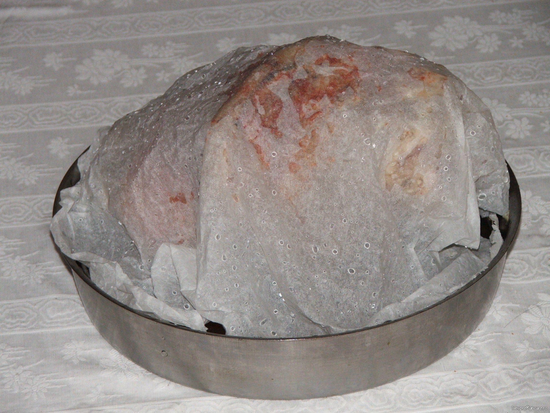 Tava de copt cu ciolan proaspat de porc inabusit in bere, acoperita cu hartie de copt, pregatita pentru coacere in cuptorul incins al aragazului.