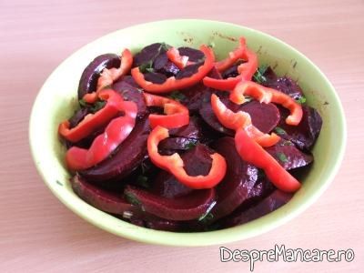 Salata de sfecla rosie pentru piept de curcan umplut cu ciuperci, carnati si cascaval, la cuptor.