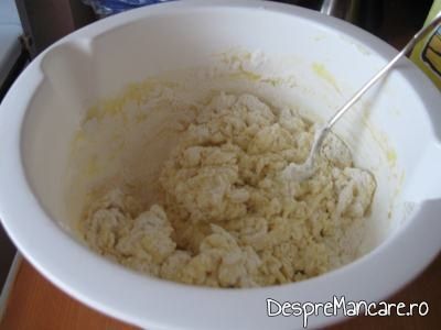 Adaugare faina in amestecul de branza, iaurt, oua, pana devine consistent si nu mai cade de pe lingura.