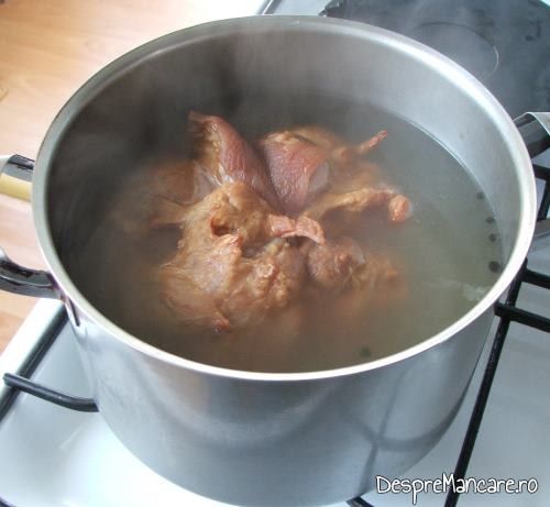 Ciolan de porc, afumat, pus la fiert in zeama de varza cu condimente.
