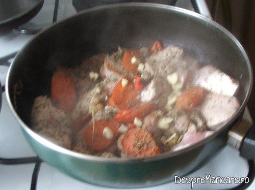 Calire legume si carne in amestec de unt si ulei de masline pentru muschiulet de porc cu legume la tigaie, in sos de praz, ciuperci si smantana.