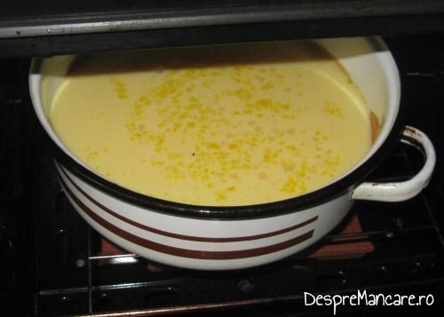 Amestec deja omogen, in urma coacerii, cand se adauga un amestec de oua, zahar si faina pentru a forma blatul pentru tort crema de zahar ars.