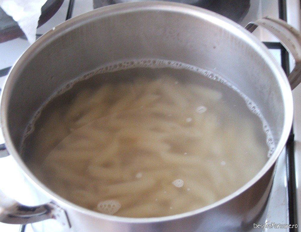 Paste fainoase care se fierb in apa clocotita cus are grunjoasa pentru pene cu branza, smantana si cascaval, la cuptor.