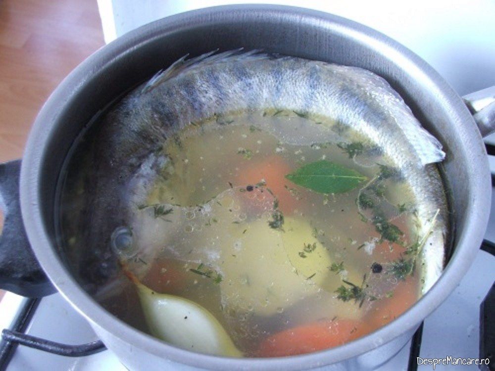Fierberea pestelui in apa cu legume si sare pentru rasol de salau.