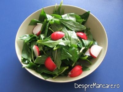 Salata de leurda, salata verde si ridichi de luna servita la ficat de vitel dat prin ou batut si prajit.
