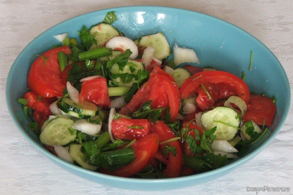 Salata de sezon: rosii, castraveti, ceapa, usturoi, verdeata, ulei de masline, sare grunjoasa.