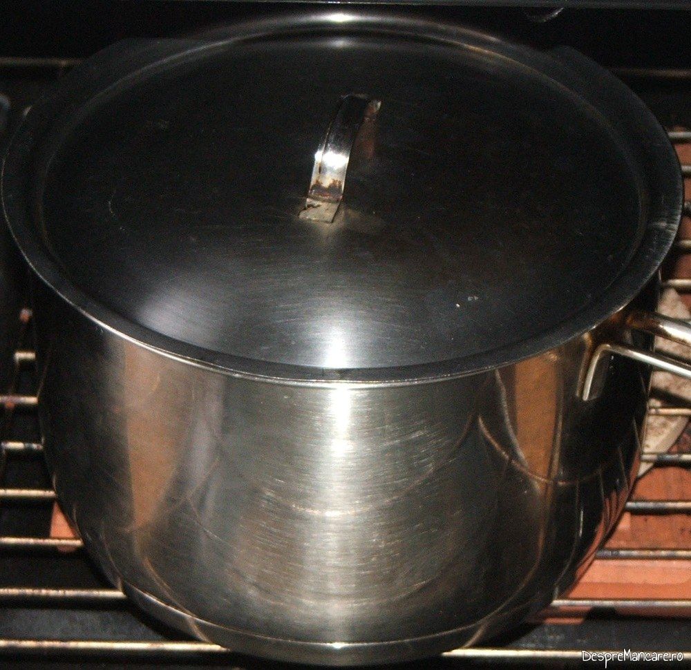 Oala cu ingrediente pentru pasta tartinabila din pecie de porc care fierbe in cuptorul aragazului, la foc mic.