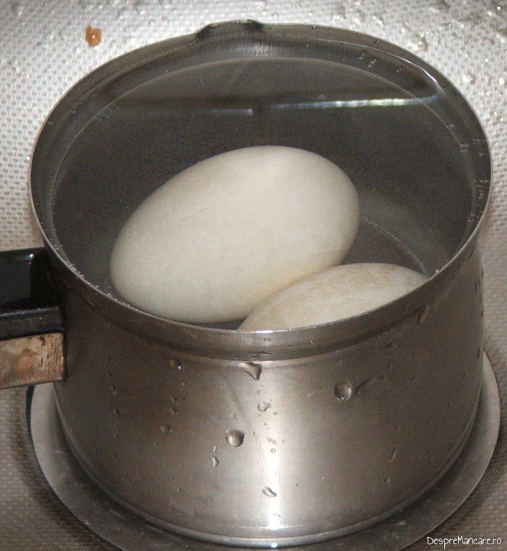 Fierbere oua de rata pentru snitel de curcan cu urzici batute si ou fiert de rata.