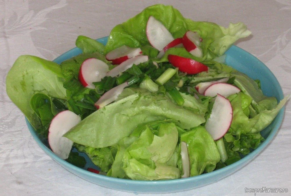 Salata verde servita la maruntaie pregatite pe gratar cu garnitura de dovlecei umpluti cu praz si ciuperci. 