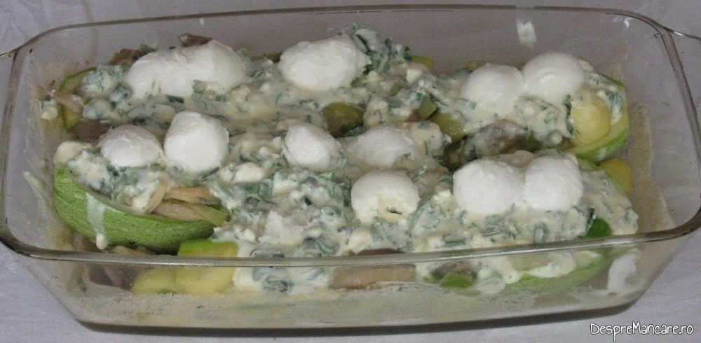 In vasul de copt sunt asezati dovlecii umpluti cu amestec de praz si ciuperci, calite peste care s-a pus amestecul de smantana, branza dulce, oua si verdeata plus bucati de mozarella proaspata.