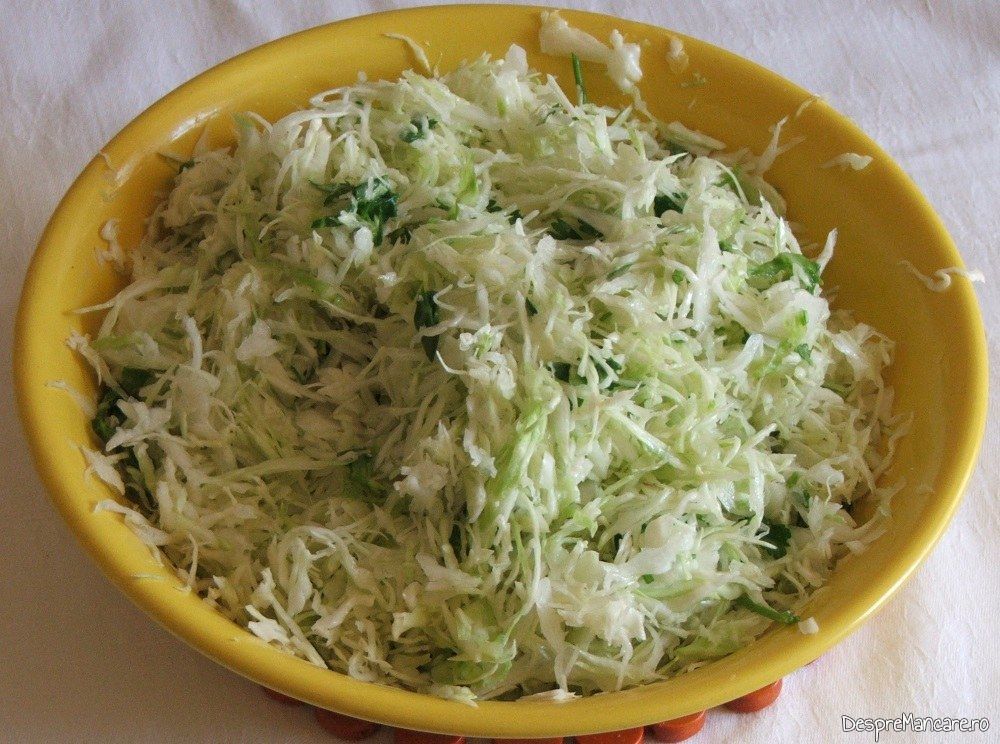 Salata de varza noua servita la chiftelute cu mancare de praz cu masline.
